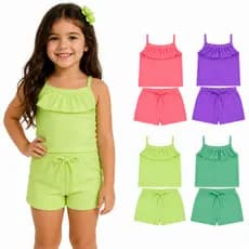 Conjunto Infantil Menina do Tamanho 1 ao 10 anos em Ribana Canelado NEON | Conjunto Menina Regata com babado