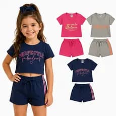 Conjunto Infantil Menina do 1 ao 14 anos | Blusa Cropped + Shorts  | Conjunto Infantil e Juvenil Menina Passeio