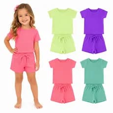 Conjunto Infantil Menina do Tamanho 1 ao 10 anos em Ribana Canelado | Conjunto Menina Blusa + Shorts Verão Neon