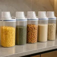 Kit 5 Potes Herméticos com Trava Bico Dosador e Copo Medidor Organizador Cozinha e Lavanderia