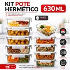 Kit Marmita de Vidro 630ml Potes 1 a 5 Unidades Conjunto Hermético Fitness 4 Travas