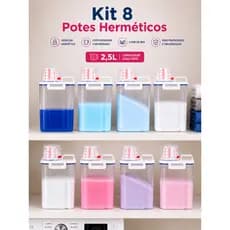 Kit 2 a 8 unid Potes Herméticos 2,5L Multiuso Lavanderia Sabão em Pó Com Bico Dosador e Copo Medidor