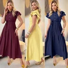 Vestido Feminino Elegante Midi Gola Camisa Manga Curta Babado Botões Frontais Faixa Ajustável Lastex na Cintura Soltinho