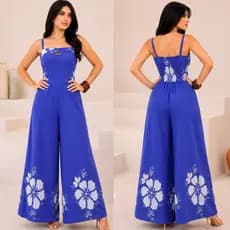 Macacão Feminino Longo Estampado Pantalona Viscolinho Elegante com Elástico nas Costas com Bojo  Casual Chic