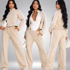 Conjunto Feminino Moletinho com Listra Lateral Casaco Zíper + Calça com Bolsos  Moda Inverno