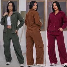 Conjunto Feminino Inverno Cotelê Jaqueta com Botões e Calça Cargo Cintura Alta com Lastex Casual Elegante Confortável