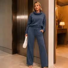Conjunto Feminino Lanzinha Canelada Ribbi Calça Pantalona e Blusa  Gola Alta Outono Inverno Elegante Confortável