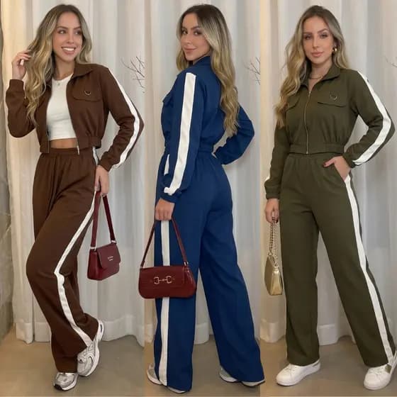 Conjunto Feminino Premium Tecido Sensorial Jaqueta  com Zíper Calça Pantalona Cintura Alta Listra Lateral Confortavel