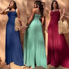 Vestido Feminino Longo Plissado Elegante com Bojo Alças Reguláveis Lastex nas Costas Forrado Festa Casamento Formatura