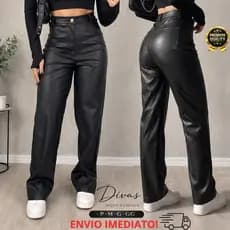 Calça Feminina Couro Fake Wide Leg Cintura Alta Preta Pantalona Premium Modela Corpo ENVIO IMEDIATO