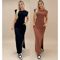 Vestido Longo Feminino Gestante Canelado Ribana Muscle Com Bolso Fenda Lateral Casual Plus Size