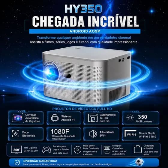 Projetor HY350 Full HD 1080P Android 11 WiFi6 BT5 Cinema Casa Futebol Copa Tela 150 Polegadas