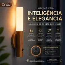 Luminária LED Sensor Movimento Recarregável USB Madeira Luxo Quarto Escada Closet Bege Marrom 500mAh