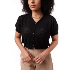 Casaco Feminino Plus Size Cropped Botão Manga Curta Verão Crochê 160