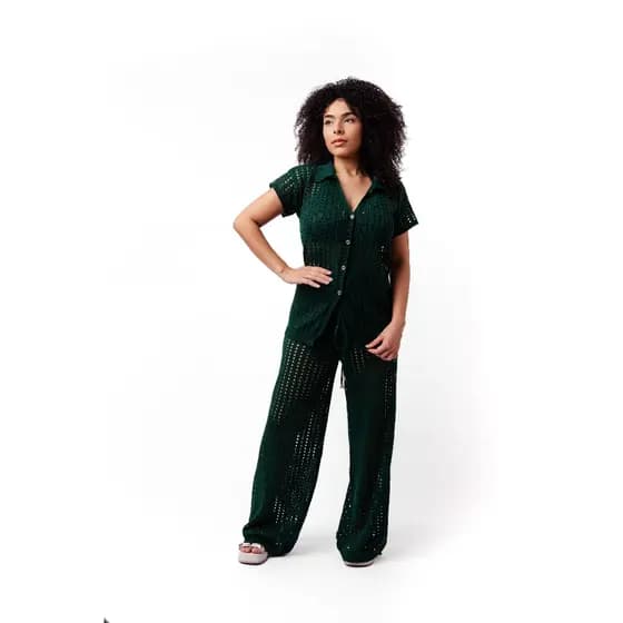 Saida de praia Feminina Plus Size Camisa e Calça Verao Leve Despojada Croche Trico 180