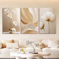 Kit 3 Peças Quadros Decorativos Flor Branca Branco Creme Quadros Decorativos Sala Decoração Luxo Parede Quarto Moderno