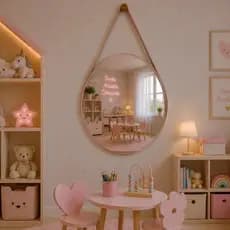 Espelho Decorativo Redondo Com Couro Adnet Infantil Quartos Salas C/ Pino Suporte