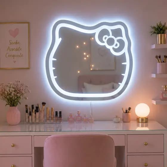 Espelho Jateado Infantil Gatinha 70x65cm Led Touch Três Tons Rosa Branco e Amarelo Gatinho