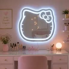 Espelho Jateado Infantil Gatinha 70x65cm Led Touch Três Tons Rosa Branco e Amarelo Gatinho