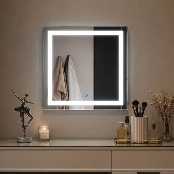 Espelho Quadrado Jateado com Led 3 Cores Touch liga e Desliga para Banheiro Maquiagem Penteadeira