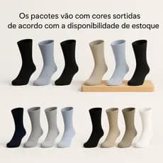 KIT COM 3, 6, 12 PARES DE MEIAS MEDIA CANO ALTO MACIA CONFORTÁVEL, CORES SORTIDAS COLORIDAS
