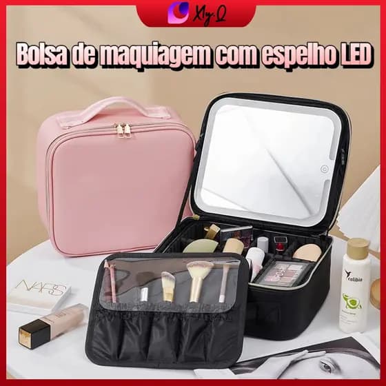 Maleta de Maquiagem de Couro com Espelho LED - 3 Modos de Iluminação, Compacta e Espaçosa