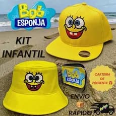 Kit Boné e Chapéu Bucket Bob Esponja Infantil + Carteira Grátis