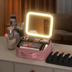 Nécessaire de Couro para Maquiagem com Espelho LED e Compartimento