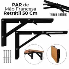 Kit 2 Suportes Mão Francesa Cantoneira Dobrável Retrátil Reforçada Prateleira Mesa 50cm Cor Preta