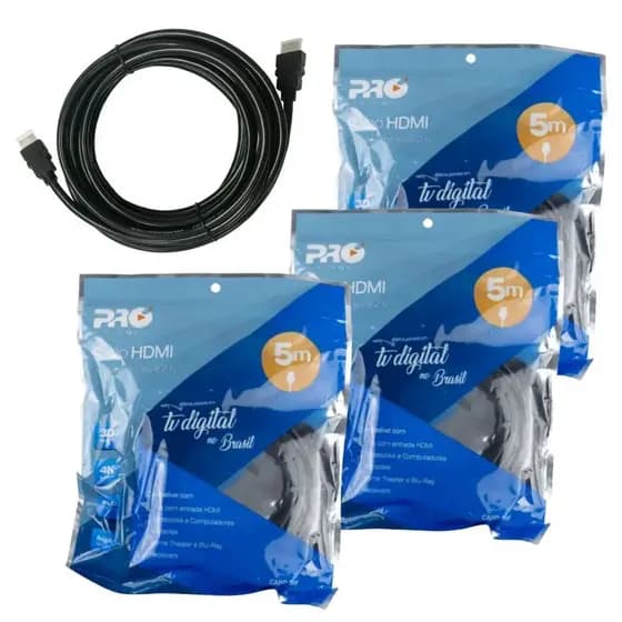 Kit 3 Cabos HDMI 5m Proeletronic 4K UltraHD 3D p/ TV PC