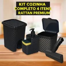 Kit Cozinha 4 Peças Rattan Preto | Lixeira Pedal + Lixeira Pia + Porta Detergente + Rodinho