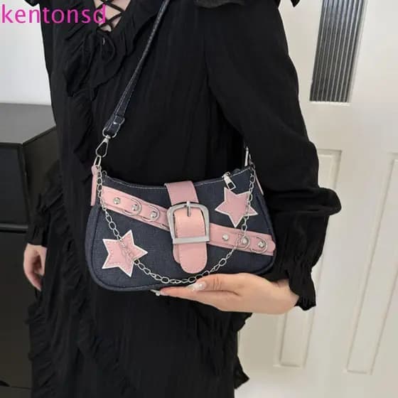 Bolsa De Ombro Estilo Coreano KENTONSD , Corrente Com Padrão De Estrela Y2k Nas Axilas , Sacola Jeans