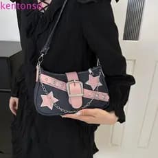 Bolsa De Ombro Estilo Coreano KENTONSD , Corrente Com Padrão De Estrela Y2k Nas Axilas , Sacola Jeans