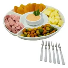 Kit Tabua Frios Com Molheira E 6 Garfinhos Para Petiscos Porções Queijos Petisqueira Melamina Branca