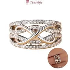 Fedsolife Anel feminino diamante moda eterno oco banhado a ouro 18K aço titânio tridimensional