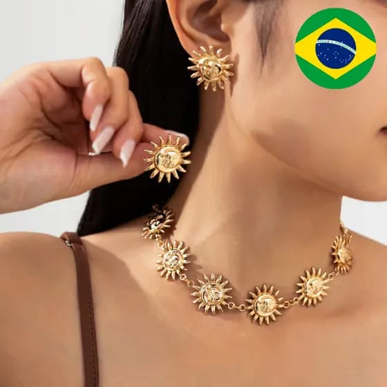 Conjunto Brinco Gargantilha Colar Pingente Sol Ouro Dourado Prata Prateado