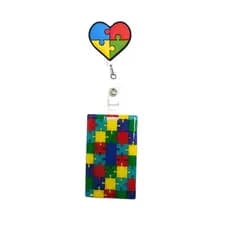 Kit Porta Crachá Retrátil Coração Autista Autismo + Porta Cartão Resinado Quebra cabeça