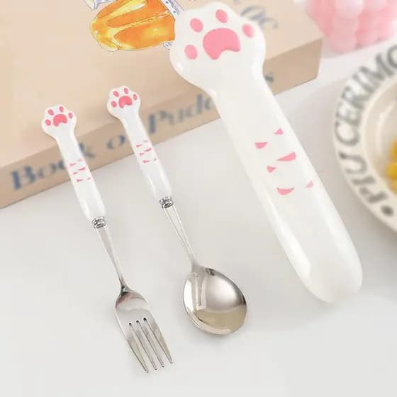Conjunto De Talheres De Aço Inoxidável Bonito Gato Garra Garfo Colher Louça Portátil Viagem Ao Ar Livre G4u8