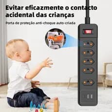 Tomada Múltipla 5 Tomadas 3USB + USB-C Certificado Medidor Protetor Contra Surtos Filtro De Linha Anti-Flame Carregament