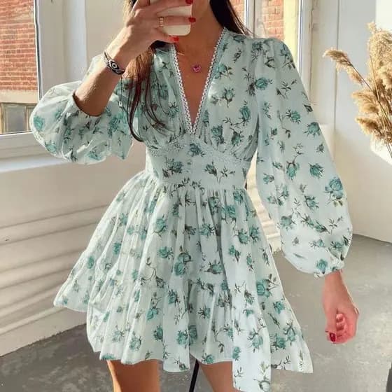 Vestido Feminino Primavera Moda Novo Temperamento Doce Estampado Renda Com Decote Em V (8536)