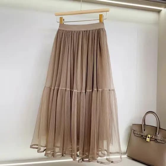 Saia De Verão Feminina De Malha Elegante De Cintura Alta Cor Sólida Média Em Tule Longo QT2066 PRD2