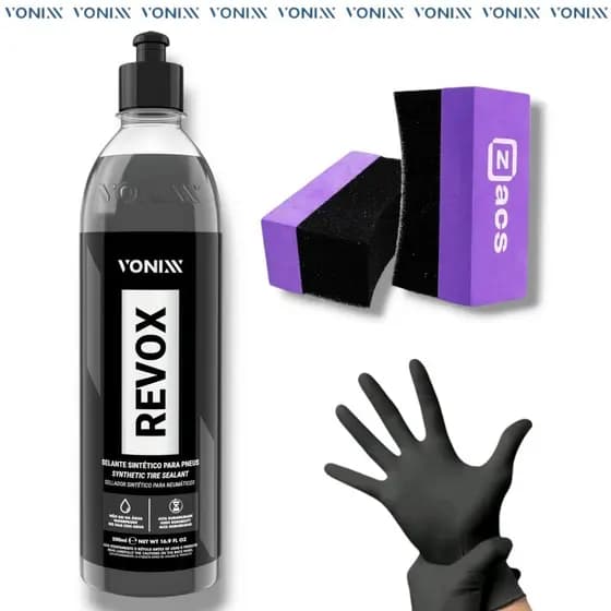 KIT REVOX 500ml + APLICADOR DE PRODUTOS PARA PNEU + LUVAS - VONIXX - Pneu Pretinho Selante para pneus
