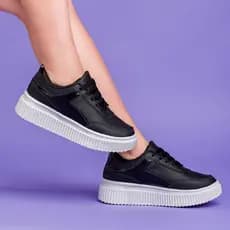 Tênis Feminino Plataforma Casual Preto Sola Alta Tratorada Confortável Blogueira