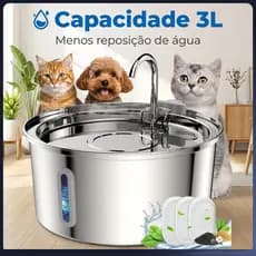 Fonte de Água Pet 3L Aço Inox 304 Automática com Filtro Silenciosa USB para Gatos e Cães