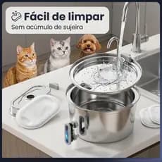 Fonte de Água Pet 3L Aço Inox 304 Automática Silenciosa com Filtro USB para Gatos e Cães