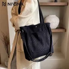 Bolsa feminina transversal e ombro veludo cotelê Grande capacidade preta