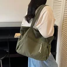Bolsa Feminina Tote de Veludo Cotelê Grande Capacidade Bag Ombro, vários bolsos, leve, fecho de zíper
