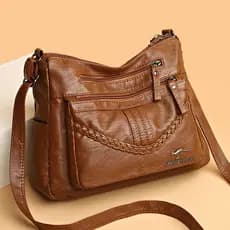 Bolsa Feminina De Ombro Transversal Couro PU Grande Capacidade Multi Bolsos Vintage Casual Para Trabalho Passeio