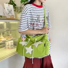 Bolsa Feminina Tote Grande Com PadrãO De Estrela Simples, Bolsa De Ombro Com CordãO De Veludo, Sacola Fofa De Lona
