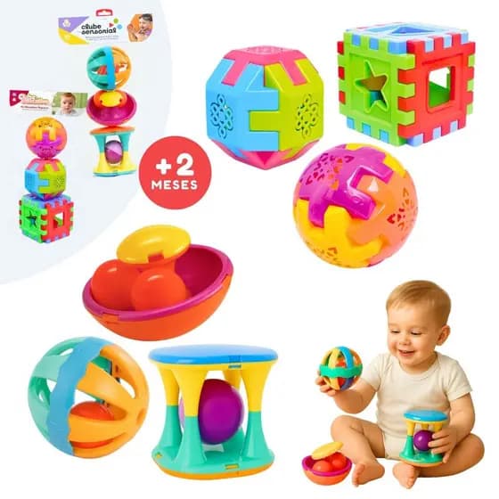 Kit 6 Brinquedos Educativo Sensorial Didático Infantil Cubo Forma Geométricas Bola Chocalho Colorido